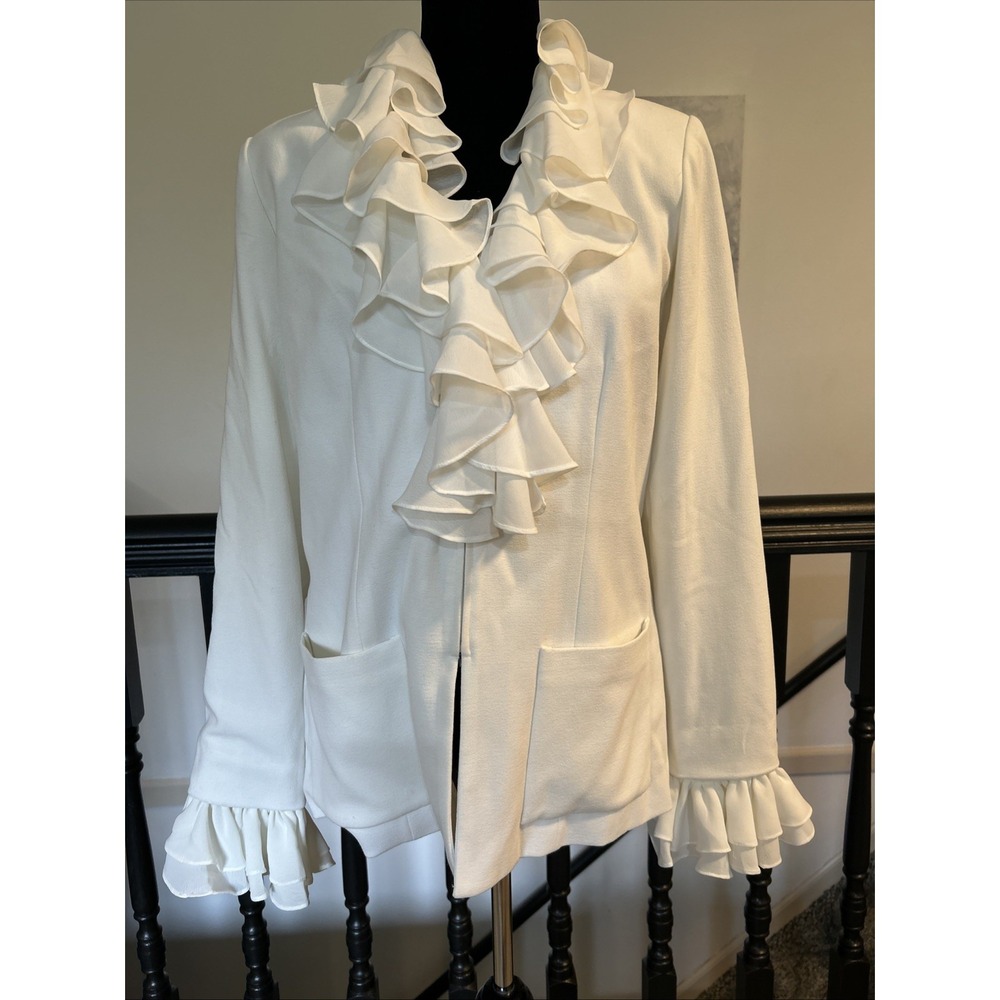 MARC BOUWER White Sheer Detachable Ruffle Front Jacket Sz S Zip Up Lined Chic